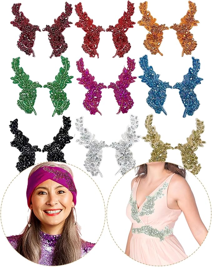 1 Pair Handmade Flower Rhinestone Applique for Clothes, Crystal Fabric Patches for Wedding Dress, Bling Beaded Embroidery Lace Applique for Hat Hairband Sewing Embellishment (Black)