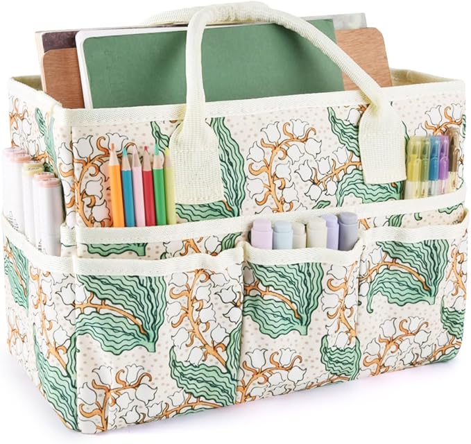 E-WEICHEN Craft Organizer Tote Bag Art Storage Caddy with Multiple Pockets Containers for Art,Craft,and Office Supplies Storage.White Campanula