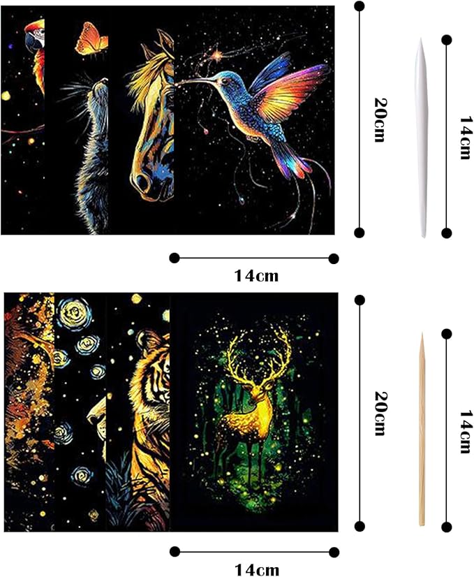 Georgie Porgy Scratch Paper Art Set for Kids Adults Magic Rainbow Scratchboards for DIY Arts and Crafts Kits Christmas Birthday Gift with Scratching Tools Kit (A5-Noctilucent Elf + Forest Animals)