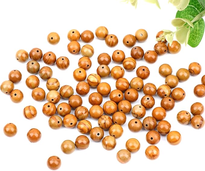 10mm 100pcs Natural Stone Beads Woodgrain Jasper Round Genuine Stone Beading Loose Gemstone Hole Size 1mm DIY Charm Smooth Beads for Bracelet Necklace Earrings (Woodgrain Jasper 10mm)