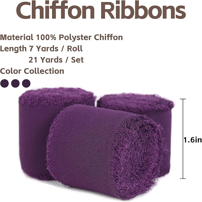 3 Rolls Purple Handmade Fringe Chiffon Ribbon 1.5" x 7Yd Colorful Silk-Like Ribbon for Bouquets Wrapping Decor Wedding Tie Invitations Crafts