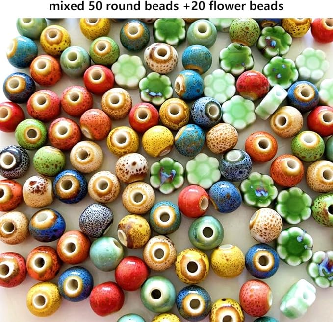 Ceramic Round Porcelain Beads Flower Porcelain Spacer Bead Craft Beads Ornamenets for DIY Jewelry Necklace Bracelet DIY Crafts for Women Above 12 Years Old 70 pcs