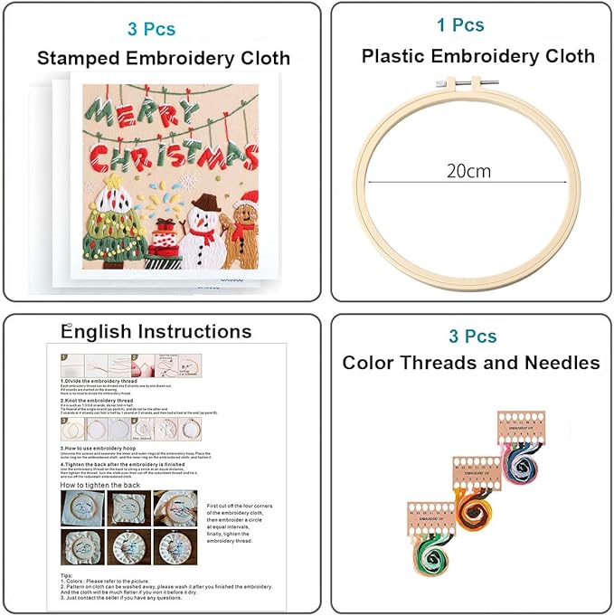 Konrisa Embroidery Kits Merry Christmas Pattern Embroidery Starter Kits for Adults Beginner DIY Sewing Needlepoint Cross Stitch Practice Kit Christmas Home Decoration Handmade Gifts