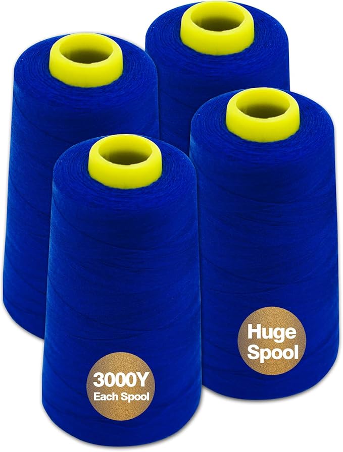 Blue Serger Thread, All-Purpose Thread for Sewing, Polyester, 4 Cones of 3000 Yards Each Spool for Sewing Machine