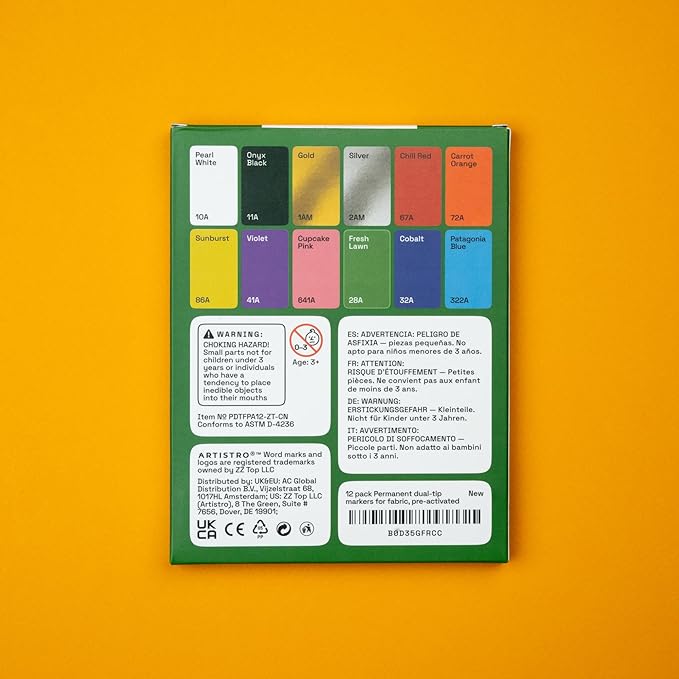 ARTISTRO 12 Dual-Tip Fabric Markers - Fabric Decorating Kit - Permanent for Clothes - No Bleed Pens for T-Shirts, Bags, Textile, Canvas, and More (Brush Tip and Fine Tip)