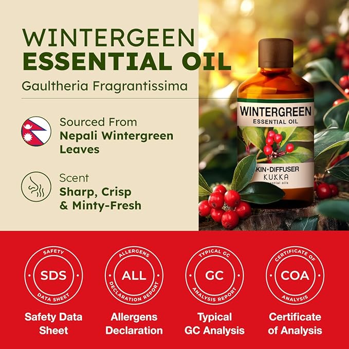 KUKKA Wintergreen Essential Oils - 3.40 Fl Oz - for Hair, Skin, Diffuser, Aromatherapy & DIY Soap Making Scent