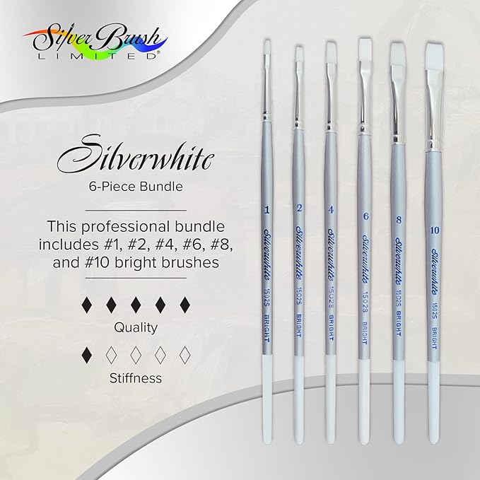 Silver Brush Limited SW-1585S Silverwhite Short Handle Bright Brushes with Soft Synthetic Taklon, 6pc Premium Artist Painting Bundle for Acrylics, Watercolor, Gauche, Ink, Dye, Craft Paint, & Tempera