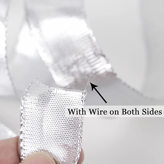 MEEDEE Silver Wired Woven Metallic Ribbon - 1 inch Silver Wired Ribbon for Gift Wrapping, Gift Bows, DIY Crafts, Graduation Baskets, Wedding, Party Decorations (25 Yards)