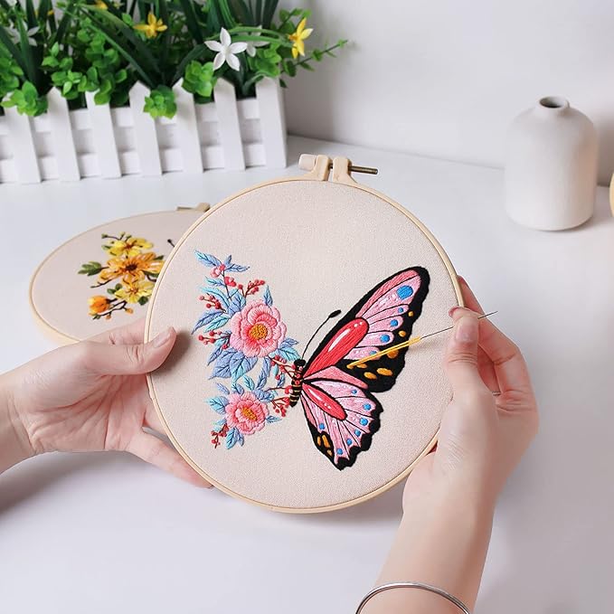 Konrisa Embroidery Starter Kits with Butterfly Flower Pattern, Stamped Cross Stitch Kits for Beginners Adults DIY Sewing Include Embroidery Hoop Embroidery Fabric Threads and Needles,Set of 2