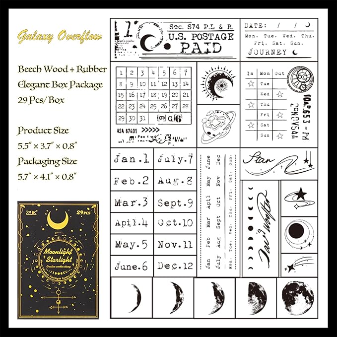 SIBLYMONA 29 Pieces Phases of The Moon Wooden Rubber Stamps Set for DIY Crafting, Decorative Wood Stamps with Moon Patterns, Reusable Rubber Stamp Kit for Scrapbooking & Card Making (Galaxy(29Pcs))