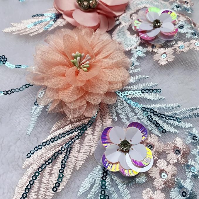 1 Pair of Multicolor Embroidery Rhinestone Crystal Sequin Lace Applique Sewing Flower Fabric Patch Wedding Gown Dress Bridal DIY Crafts (Multicolor D)