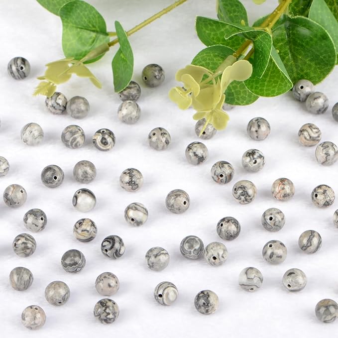 10mm 100pcs Natural Stone Beads Map Jasper Round Genuine Stone Beading Loose Gemstone Hole Size 1mm DIY Charm Smooth Beads for Bracelet Necklace Earrings (Map Jasper 10mm)