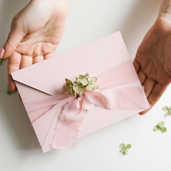 3 Rolls Cream Pink Handmade Fringe Chiffon Ribbon 1.5 Inch x 7 Yard Silk-Like Colorful Rustic Ribbon for Bouquets Wrapping Decor Wedding Invitation Accessories