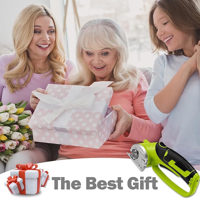 Cordless Electric Scissors, 4V Box Cutter & Cardboard Cutter with 2 Titanium Blades - Rotary Cutter with LED Light for Fabric, Leather, Carpet, Plastic, Crafting + Storage Case (Green)