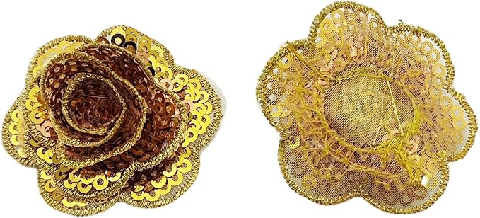 5 PC Rose Flower Sequins Lace Embroidery Patch Applique Trim Wedding Dress DIY Sewing Craft Clothes Applique, 1.6 Inch, Gold