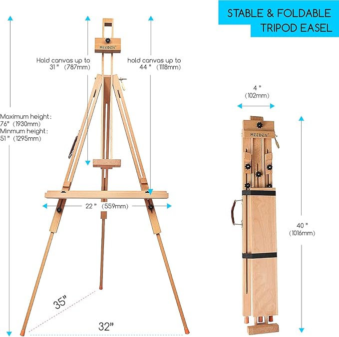 MEEDEN Tripod Field Painting Easel with Carrying Case - Solid Beech Wood Universal Tripod Easel Portable Painting Artist Easel, Perfect for Painters Students, Landscape Artists, Hold Canvas up to 44"