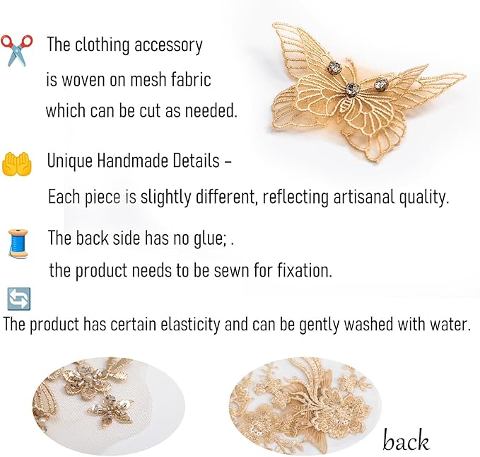 Flower Pearl Fabric Rhinestones Beaded Lace Applique,3D Butterfly Embroidered Lace Patch for Clothes,Dress (Light Coffee)