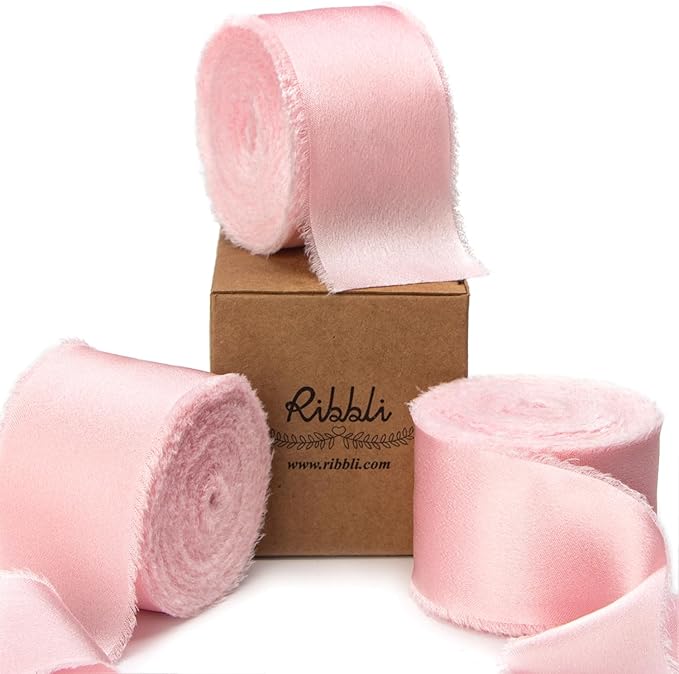 Ribbli Light Pink Silk Satin Ribbon 1.5 Inch x 30 Yard Handmade Frayed Chiffon Pink Ribbon for Gift Wrapping Wedding Invitations Bridal Bouquets Home Decor