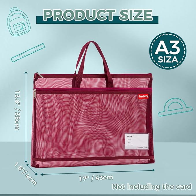 Pendancy Mesh Zipper Pouch A3 Size, Large Double Pocket Lightweight Nylon Transparent File Bag with Handle, 13x17 in Foldable Document Storage for Puzzle Project/Cross Stitch/Travel/Office (Red)
