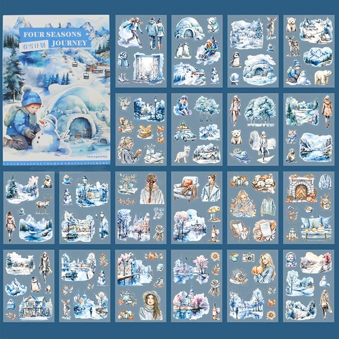Winter Pre-Cut Journal Sticker Book for Junk Journaling, Transparent PET White Snow Landscape Stickers for Scrapbook Supplies, Scrapbooking, Collage, Planners, Bujo, 20 Sheets