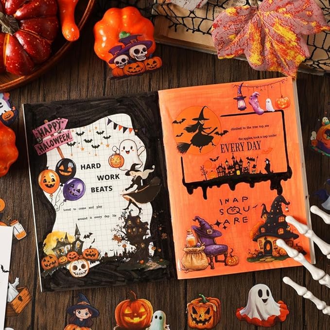 Transparent Halloween Scrapbook Stickers Book, 20 Sheets Diecut PET Stickers for Journaling, Purple Vintage Spooky Theme for Scrapbooking, Junk Journal Supplies, Planner, Bujo, Crafts Arts