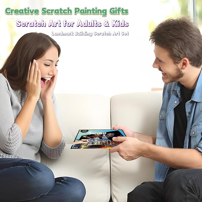 Scratch Art Painting Kit for Adults-8 Sheets A4 Rainbow Scratch Painting Paper Craft Set with City Landmarks|Stress Relief Gift for Travel&Craft Lovers|Scratch Art Home Decor(Europe Series 1)