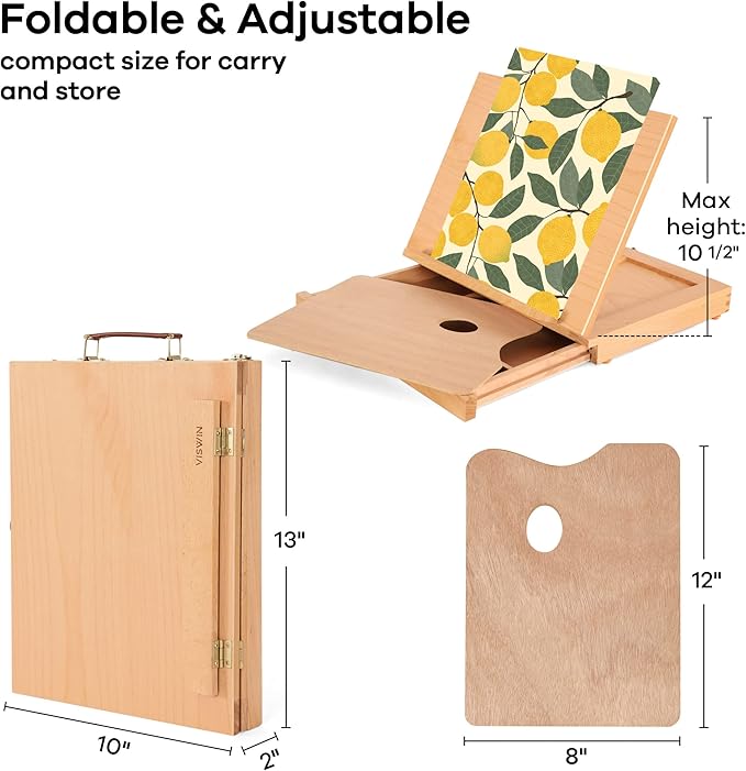 VISWIN Tabletop Easel with Storage Drawer & Palette, Adjustable Portable Beech Wood Sketch Box Table Top Easel for Painting, Desktop Travel Art Easel for Adults, Artists, Students