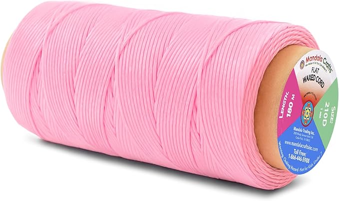 Mandala Crafts Pink Flat Waxed Thread for Leather Sewing - 197 Yds 210D 1mm Polyester Leather Thread String Waxed Cord for Leatherwork, Beading, Bookbinding, Hand Stitching