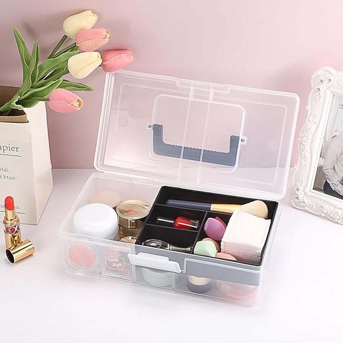 JUXYES Plastic Carry Storage Box with Removable Dividers, Clear Art Craft Supply Storage Bin Sewing Box With Handle Lid, 2 Layers Stationery Storage Case for School/Office Supplies