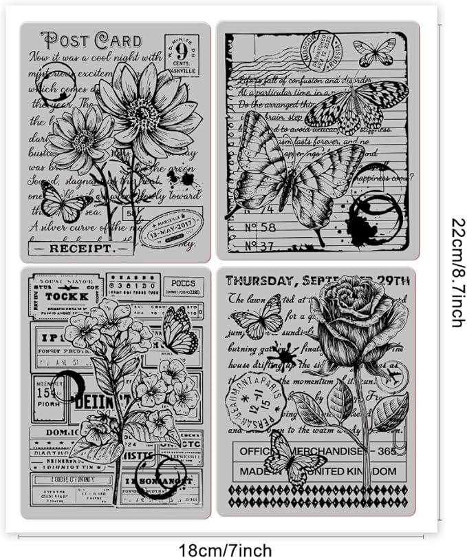 GLOBLELAND Vintage Background Cling Rubber Stamp 7.09x8.66inch Flowers Butterflies EVA Stamps Embossing Stamp Seal for DIY Scrapbooking and Card Making Paper Craft Decor