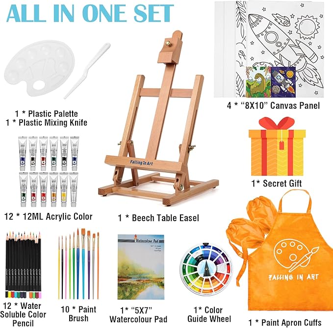 Falling in Art Tabletop Easel Set, Portable Wooden Art Easel Painting Kits for Kids, Easel for Painting Canvases, Including 12 Colors Acrylic Paints, 10 Paintbrushes and 4 Canvas Panels, Yellow