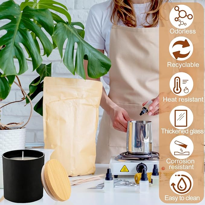 CONNOO 8 Pack 14 OZ Empty Black Glass Candle Jars for Making Candles with Bamboo Lids and Sticky Labels, Bulk Candle Jars for Making Candles - Spice, Powder Containers.