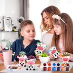 Pasimy 6 Set DIY Ceramic Succulent Planter Pots Paint Your Own Flower Pots Craft Kit Unpainted Bisque Paintable Flowerpot with Brush Palette Ready to Paint for Family Activity Gift(Cow)