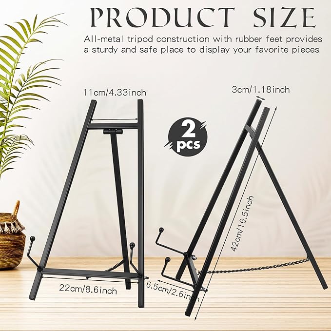 Leinuosen 2 Pcs Metal Easel Stand 16.5" H x 8.7" W x 4.3" D Table Top Easel Stand for Display Tripod Art Picture Mirror Modern Plate Holder for Display Book Photo Wedding Sign (Black)