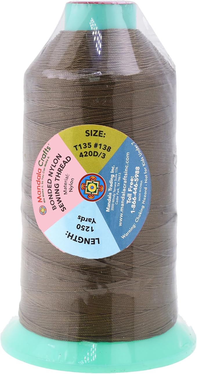 Mandala Crafts Bonded Nylon Thread Coyote Brown Heavy Duty Sewing Threads - 1250 YDs Size 138 420D T135 Tex 135 Thread for Leather Jeans Weaving Outdoor Marine Upholstery Threads