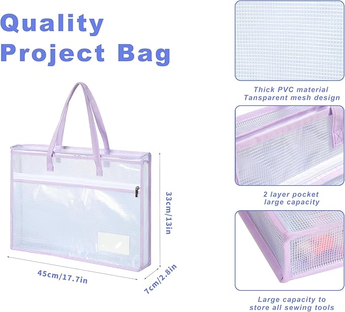 Qozary 5 Pcs Sew Project Bags for Quilting-A3 Sewing Craft Organizer Storage with Full-Zip & Handle, Needlepoint Project Bag for Embroidery, Knitting, Stitching, Cross Stitch and Crochet, Artworks