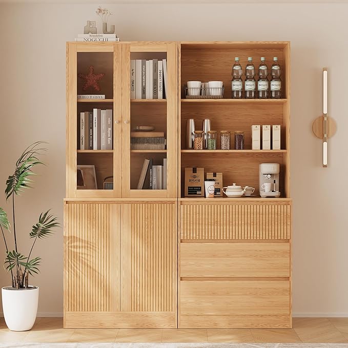 TUSY 71'' Freestanding Tall Storage Cabinet, 5 Tier Wood Bookcase with 3 Drawers and 2 Tempered Glass Doors (AB)