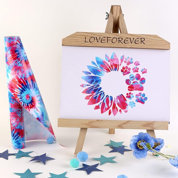 Tintnut Tie Dye Permanent Vinyl Roll - 12 inch x 5ft, Seamless Blue Red Adhesive Vinyl, Interesting Swirl Pattern Self Sticker Water Proofing for Home Decor