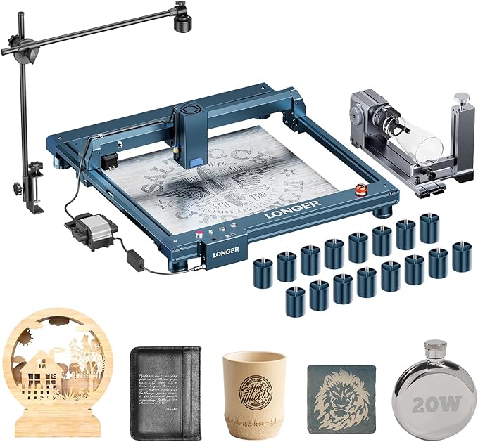 Longer B1 24000MW Laser Engraver, Equipped with auto air Assist, Chuck jaw kit, Camera kit and 16 Pcs Raiser. Precise Cutting on Wood, Acrylic, and Stainless Steel.