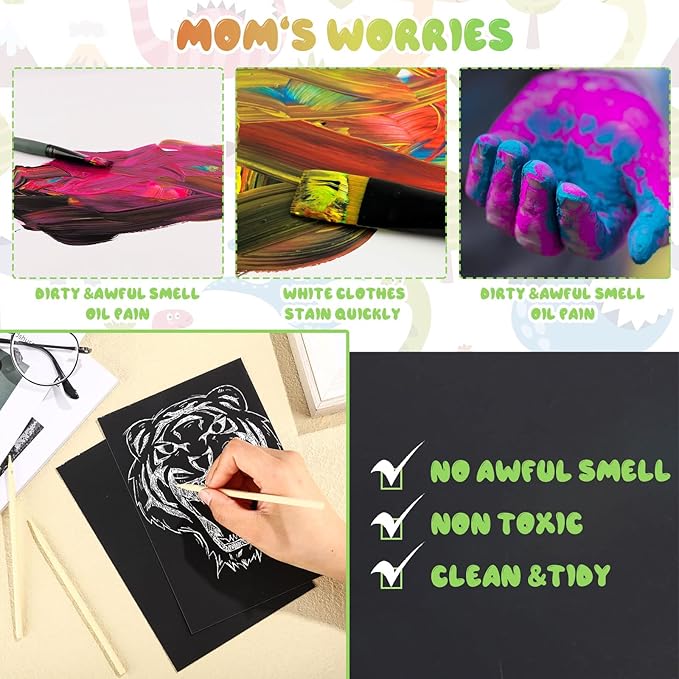 Gersoniel Scratch Paper Art Set Adults Scratchboard Craft Kits 7.2 x 5 Inch Black Scratch Off Paper Scratchboard Pad Art Supplies with Wooden Stylus for DIY Birthday Party Gift Supplies(60 Pieces)