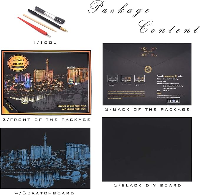 DESINIK Scratch Painting Art for Adults & Teens - 2 Sheets Rainbow Scratch Painting Kit, Scratch Painting Foil Art for Adults, Stress Relief Adult Craft Kits A3(Las Vegas & Tower Bridge)