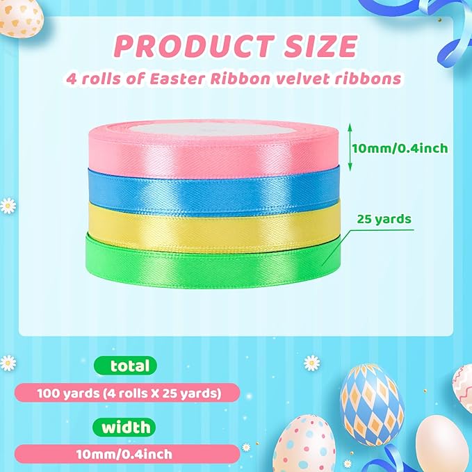 DECYOOL Easter Ribbon, 4 Rolls 100 Yards Satin Ribbons 10mm Wide Spring Colorful Craft Ribbon for Gift Wrapping Parties, Pink, Blue, Yellow, Green