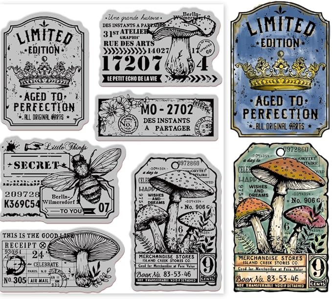 GLOBLELAND Retro Mushroom Bee Cling Rubber Stamp 7.09x8.66inch Crown Labels EVA Rubber Stamps Embossing Stamp Seal for DIY Scrapbooking and Card Making Paper Craft Decor