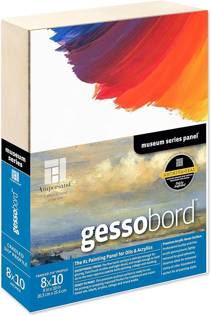 Ampersand Art Supply Gesso Wood Painting Panel: Museum Series Gessobord, 8" x 10", 1-1/2" Cradled Profile