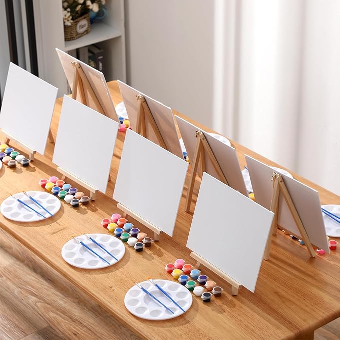 Qilery 24 Set 8 x 10 Inch Canvas Boards and Easel for Painting, Acrylic Paint Strips, Palettes, Brushes, Canvases Painting Kits for Kids Adults Artists Beginners Oil Acrylic Painting Party Favors