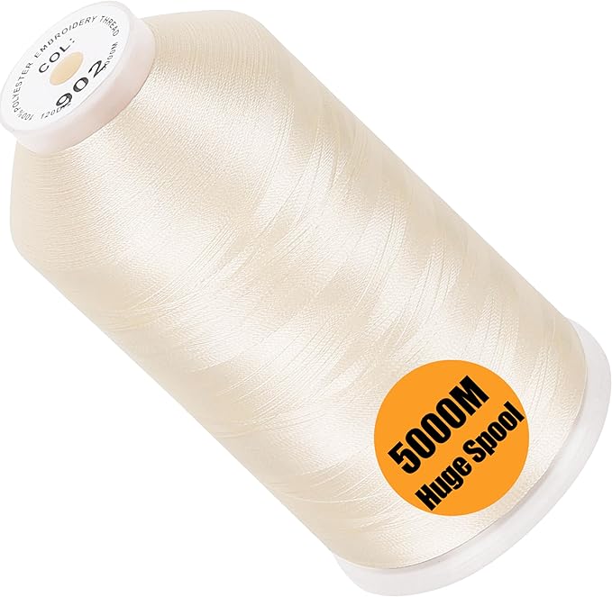 New brothread - Single Huge Spool 5000M Each Polyester Embroidery Machine Thread 40WT for Commercial and Domestic Machines - Ivory