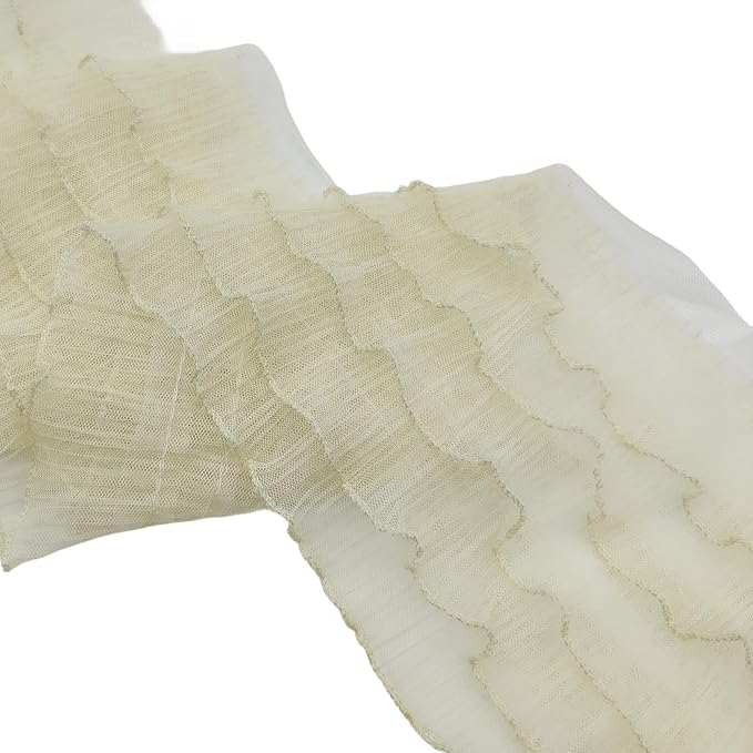 1 Yards Light Yellow Pleated Lace Chiffon Fabric Elastic Lace Trim for Wedding Bridal Dress Decoration DIY Sewing Clothing Decoration, 6 Inch