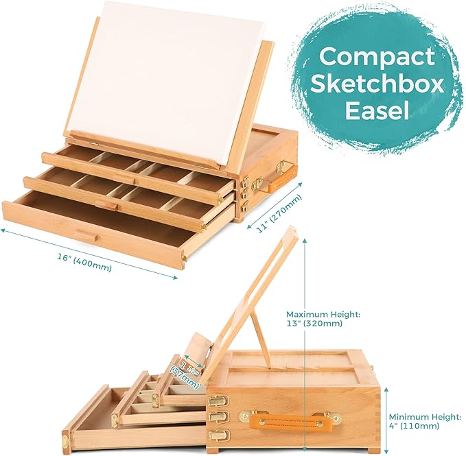 VISWIN Large Tabletop Easel with 3 Storage Drawers, Adjustable Beech Wood Table Top Easel for Painting, Portable Sketch Box for Art Supplies, Desktop Travel Art Easel for Adults, Artists, Students