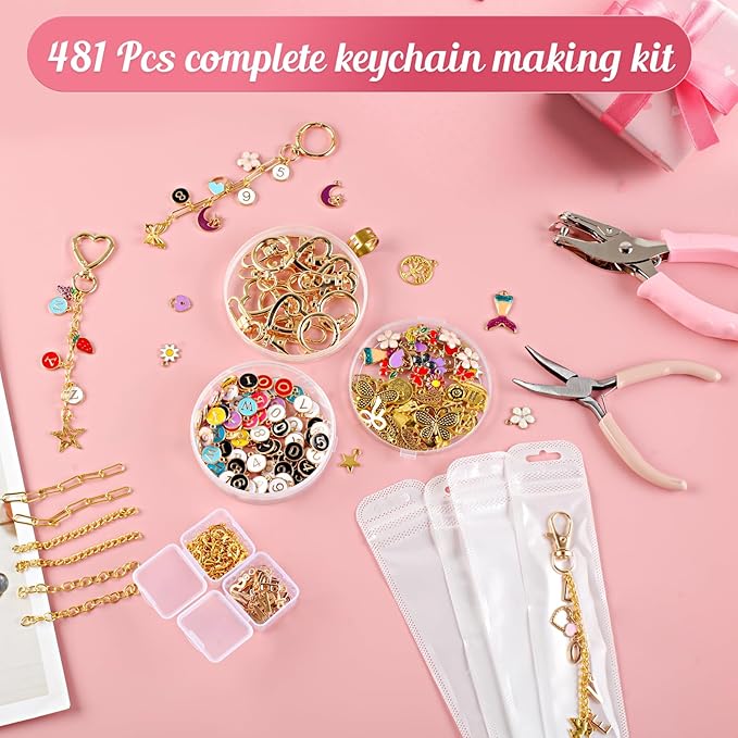 MUNKANT 481 Pcs Charms Lip Gloss Keychain Making Kit,Including 218 Charm Pendants,20 Keychain Clips,15 Extender Chain and 2 Jewelry Pliers,Bag Charm Kit for DIY Crafting,Jewelry Making and Gifts