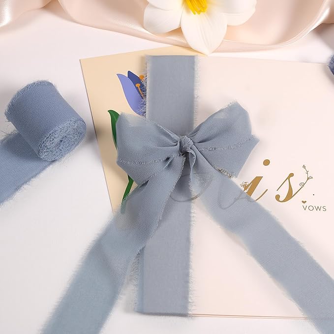3 Rolls Gray Blue Handmade Fringe Chiffon Ribbon 1.5 Inch x 7 Yard Silk-Like Colorful Rustic Ribbon for Bouquets Wrapping Decor Wedding Invitation Accessories